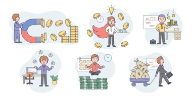 Concept Of Business Success, Attract Money. Set Of Happy Young Businessmen, Attracting Money By Different Ways. Successful Male Character Is Getting A Profit. Cartoon Flat Style. Vector Illustration