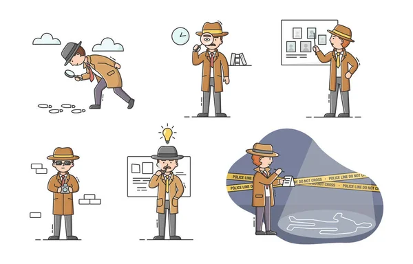 Detective Privado Concepto. Conjunto de jóvenes detectives de dibujos animados con herramientas en diferentes situaciones. Los personajes hacen su trabajo. Proceso de búsqueda de pruebas. Dibujos animados Esquema lineal Ilustración de vectores planos — Vector de stock