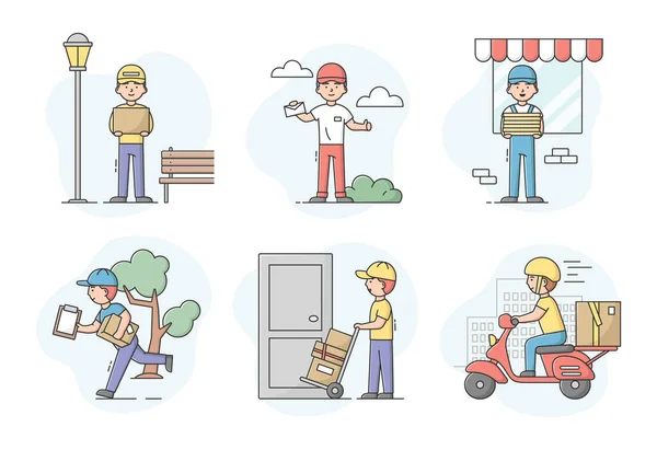 Concepto de servicio de entrega rápida. Conjunto de mensajeros que transportan paquetes. Los hombres entregando paquetes a los clientes de diferentes maneras. Trabajadores uniformados. Dibujos animados Esquema lineal Ilustración de vectores planos — Vector de stock