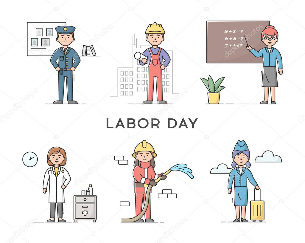 Set Of People Different Professions. Labor Day Holiday. Policeman, Constructor Worker, Teacher, Doctor, Stewardess And Fireman. Professional Workers. Cartoon Linear Outline Flat Vector Illustration