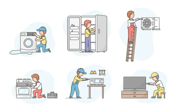 Conceito de Eletrodomésticos Serviço. Conjunto de Trabalhadores Profissionais Reparadores em Uniforme, Fixação de Dispositivos. Personagens Reparação de aparelhos de cozinha quebrados. Desenhos animados Linear esboço plana Vector Ilustração —  Vetores de Stock