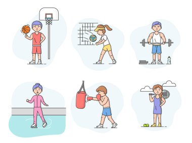 Aktif spor ve sağlıklı yaşam tarzı konsepti. Spor ve Uluslararası Yarışmalar. Bir takım karakterler farklı spor ve aktivitelerde bulunurlar. Çizgi film Düz Dış Hatlar Biçimi. Vektör İllüstrasyonu