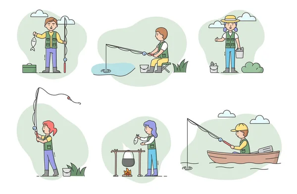 Conceito de pesca e descanso. Conjunto de homens e mulheres Fisher pessoas cozinhar e pescar peixe com fiação. Desporto Atividades ao ar livre Lazer ou Relaxamento Hobby. Desenhos animados Linear esboço plana Vector Ilustração —  Vetores de Stock