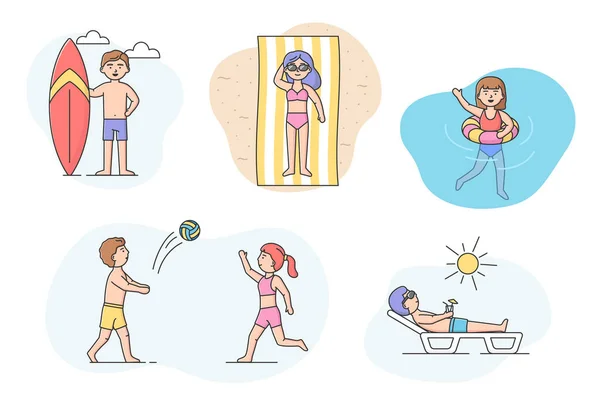 Sport de plage actif et concept de loisirs. Ensemble de personnes passant du temps sur la côte. Hommes et femmes jouent au volley-ball, à la natation, au surf et aux bains de soleil. Dessin animé contour linéaire Style plat. Illustration vectorielle — Image vectorielle