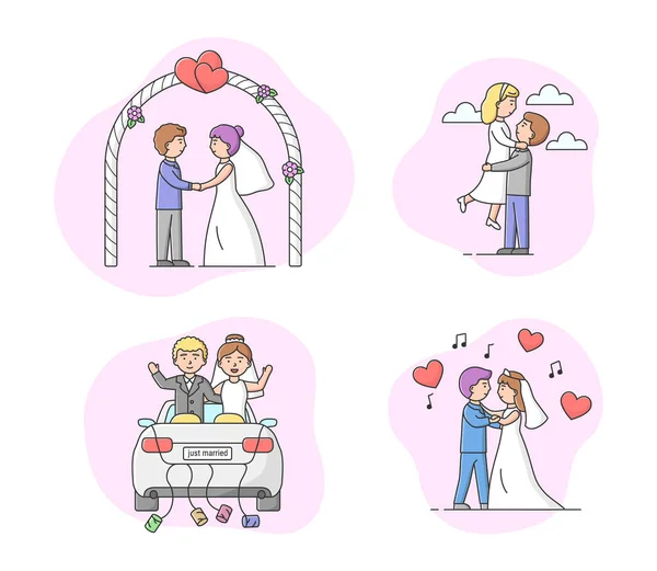 Concepto de Ceremonia de Matrimonio. Conjunto de parejas novios y novias disfrutan el uno del otro. Solo hombres y mujeres casados van de viaje de luna de miel, pasan tiempo juntos. Dibujos animados Esquema lineal Ilustración de vectores planos — Archivo Imágenes Vectoriales