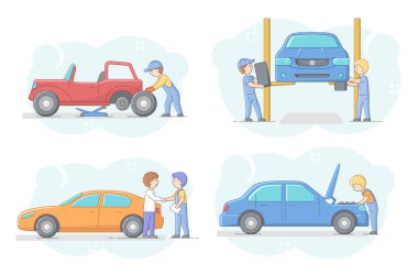 Araba Tamir Dükkanı Konsepti. Üniformalı Araç Lastikleri ve Tamir Motorlarında Profesyonel Mekanikler. Erkek karakterler servis aracını tamir ediyor. Çizgi film Çizgi Çizgisi Düz Vektör İllüstrasyonu