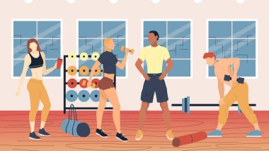 Fitness, Sağlık ve Aktif Spor kavramı. Spor salonunda dambıllarla vücut geliştirme egzersizi yapan bir grup insan. Erkekler ve kadınlar birlikte forma girme dersleri alıyorlar. Çizgi film Düz Stili. Vektör İllüstrasyonu
