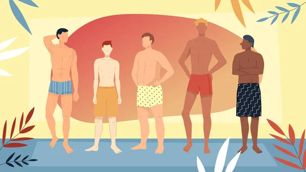 Concepto de vacaciones de verano y vacaciones, belleza y moda. Grupo multiétnico de hombres en trajes de baño de pie juntos en una fila. Beautiful Boys On Abstract Background. Dibujos animados plana Vector Ilustración — Archivo Imágenes Vectoriales