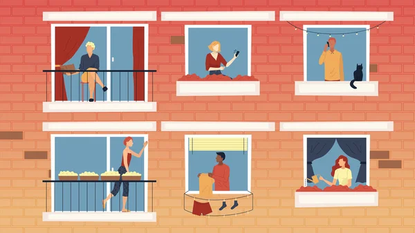 Concept de personnes Loisirs à la maison. Personnages assis sur les balcons, passer du temps à la maison dans des appartements. Les voisins communiquent entre eux, font leurs affaires. Illustration vectorielle de style plat de dessin animé — Image vectorielle