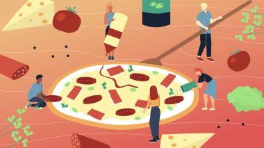 Pizza Pişirme Konsepti. Minik Karakterler, pizzayı elinde tutan, getiren ve üzerine koyan devasa pizzaları süslüyor. İnsanlar birlikte yemek pişirir. Çizgi film Düz Stili. Vektör İllüstrasyonu