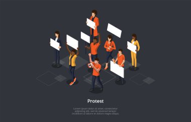 Toplu Protesto Eylemi Konsepti. Protesto pankartlı çok ırklı, hoşnutsuz, saldırgan insanlar greve katılıyor, haklarını ve özgürlüklerini savunuyorlar. Isometric 3D Çizgi Film Vektörü Resimleri