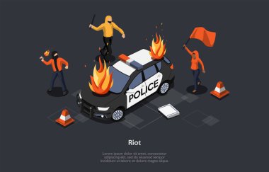 Yağmalama kavramı. Çok ırklı bir grup polis arabasını molotof kokteyli atarak parçaladı. Saldırgan maskeli karakterler yasaları çiğnedi, sokaklarda isyan çıkardı. Çizgi film Isometric 3D Vektör İllüstrasyonu