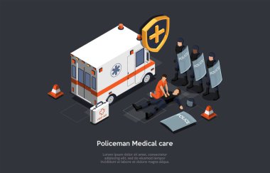 Toplu Protesto Eylemleri sırasında Acil Tıbbi Teknisyen Kurtarma Polisi. Terörle Mücadele Birimi, Özel Kuvvetler, Kalkanlar Ambulans 'ın yanında. Çizgi film Isometric 3D Vektör İllüstrasyonu