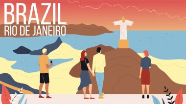 Güney Amerika, Brezilya 'ya seyahat kavramı. Erkekler ve kadınlar Rio De Janeiro 'ya seyahat eder, manzaranın tadını çıkarır, fotoğraf çeker, ünlü yerleri ziyaret eder, iyi vakit geçirir. Çizgi film Düz Stili. Vektör İllüstrasyonu