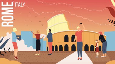 İtalya 'ya Seyahat Konsepti, Roma Şehir Manzarası. Turistler ve kadınlar rehberleriyle turneye çıkıyor, fotoğraf çekiyor, birlikte iyi vakit geçiriyorlar. Çizgi film Düz Biçim Vektör İllüstrasyonu
