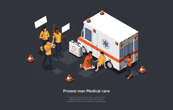 Protestconcept voor massaactie. Emergency Medical Technician Rescue Activist Life during Mass Protest Actions. De dokter verleent medische hulp in de buurt van Ambulance. Cartoon Isometrische 3D Vector Illustratie — Stockvector