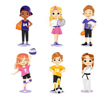 Atletizm kavramı. Çoklu Etnik Gençler Seti. Farklı türde sporlar. Üniformalı çocuklar basketbol, tenis, voleybol, futbol ve karate oynar. Çizgi film Düz Stili. Vektör İllüstrasyonu