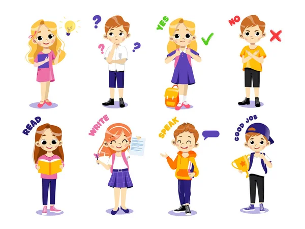 Back To School Concept. Set Of Children In Awkward Age Expressing Various Emotions. Boys And Girls Teens With School Items. Creative Kids Standing In A Row Together. Cartoon Flat Vector Illustration — Stock Vector