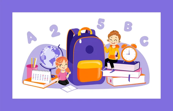 Concept Of Back To School. Set Of Kids Ready To Study In New Academic Year. Happy Classmates Boy And Girl Sitting Near Huge School Items Backpack, Books, Globe. Cartoon Flat Style Vector Illustration — Stock Vector