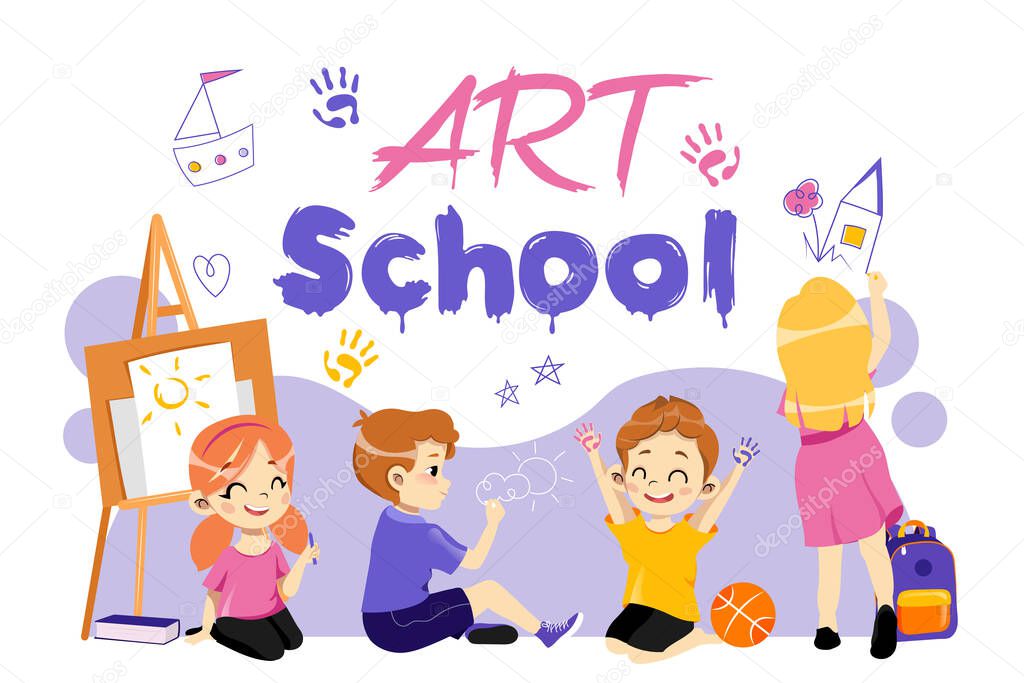 Concept Of Back To School, Children Creativity And Talents. Talented Kids Study To Paint At Art School. Young Artists Play, Communicate, Draw Favourites Items. Cartoon Flat Style. Vector Illustration