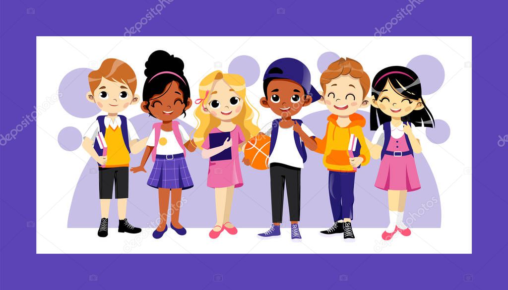 Concept Of Back To School. Multi Ethnic Teens Set. Kids Ready To Study In New Academic Year. Happy Children Standing In A Row. Boys And Girls With School Items. Cartoon Flat Style Vector Illustration