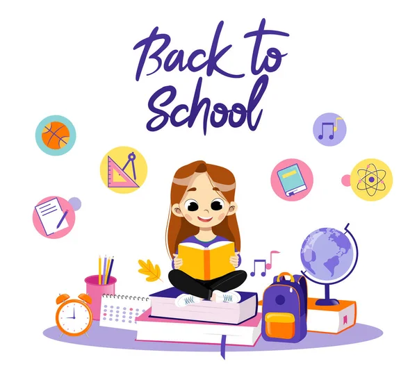 Concepto de Regreso a la Escuela. Chica inteligente sentada entre los elementos escolares en los alrededores Mochila y globo, Calendario, Alarma y lectura del libro, Hacer tarea en el hogar. Dibujos animados estilo plano. Ilustración vectorial — Archivo Imágenes Vectoriales