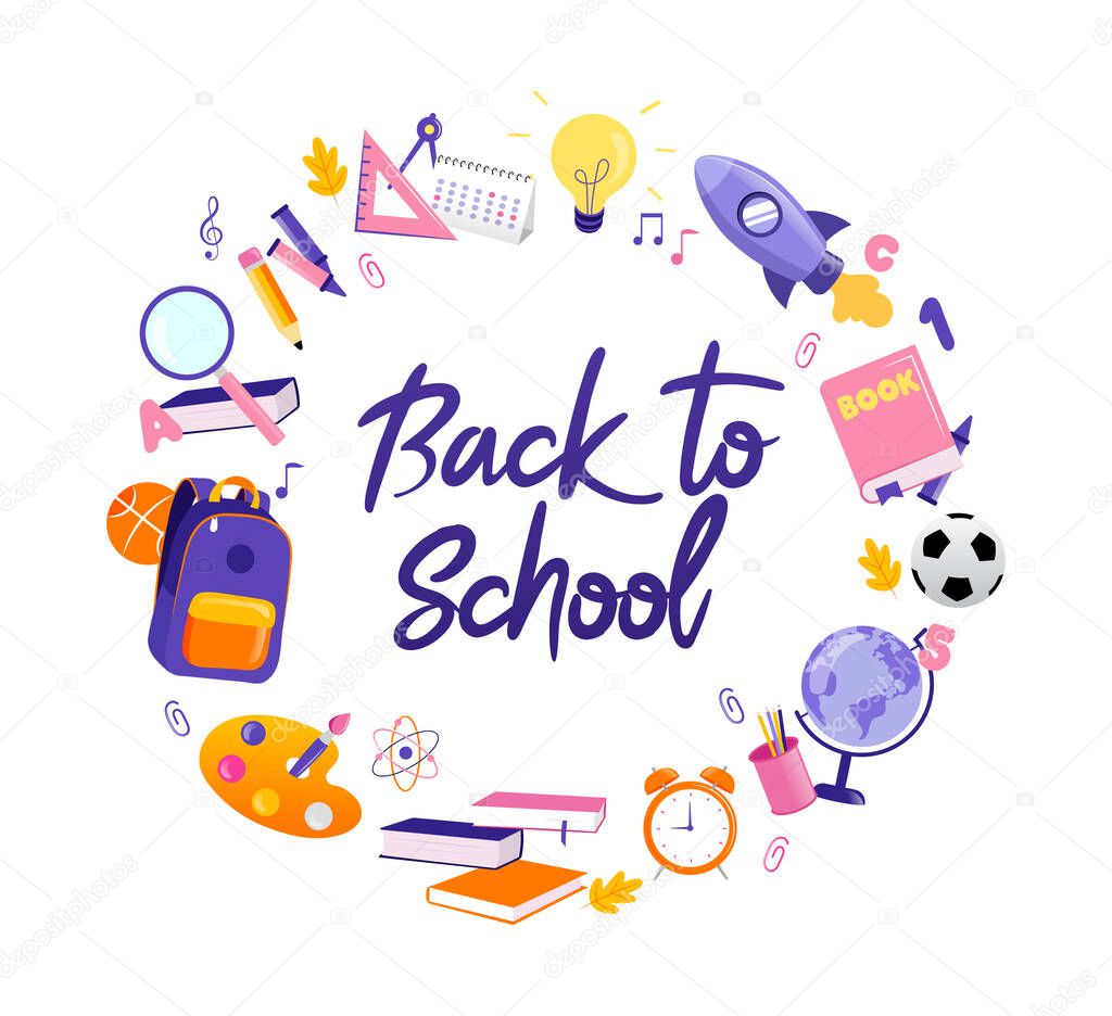 Concept Of Back To School. Colorful Inscription In Cartoon Style. Multi colored Title With School Theme Infographic Around, For Retail Marketing Promotion And Advertisement. Flat Vector Illustration