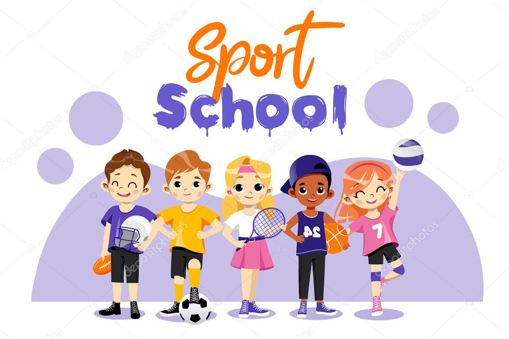 Back To School Concept. Multi Ethnic Teens Set. Different Type Of Sports. Happy Children In Uniform Play Basketball, Tennis Baseball, Volleyball And Football. Cartoon Flat Style. Vector Illustration