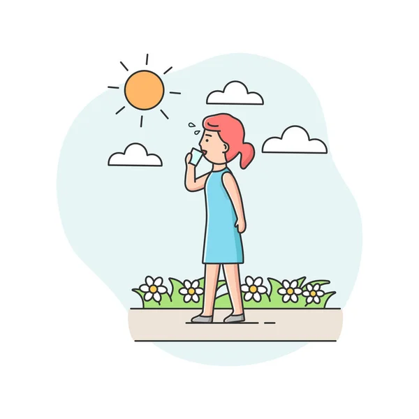 Concept Of Summer Hot Period. Woman Weary From Heat, Walk Down The Street, Drink Cold Drink, To Cool Off In Hot Summer Day. Girl Drink Glass Of Water. Cartoon Linear Outline Flat Vector Illustration — Stock Vector