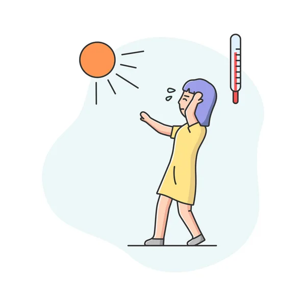 Summer Hot Period Concept. Kvinnan trött från värme går nerför gatan med slutna ögon, håller huvudet, har fått värmeslag i varma sommardagen. Tecknad linjär kontur Platt vektor Illustration — Stock vektor