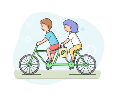 Ekolojik Taşımacılık, Spor ve Sağlıklı Yaşam Tarzı. Genç mutlu çift Eko Taşımacılık kullanıyor. Erkek ve kız işe ya da alışverişe gitmek için iki tekerlekli bisiklete biniyor. Çizgi film Düz Vektör İllüstrasyonu