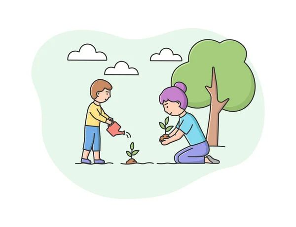 Концепция озеленения. Люди сажают, сажают и поливают растения и деревья. Мать и маленький сын работают на открытом воздухе в саду с профессиональным оборудованием. Мультипликационный вектор — стоковый вектор