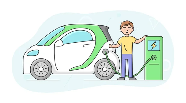 Ökologische Verkehrskonzepte, Möglichkeiten zur Rettung des Planeten und ein gesunder Lebensstil. Fröhlicher Junge lädt Elektroauto an der Tankstelle Die Menschen nutzen Ökotransport. Cartoon Flat Vector Illustration — Stockvektor