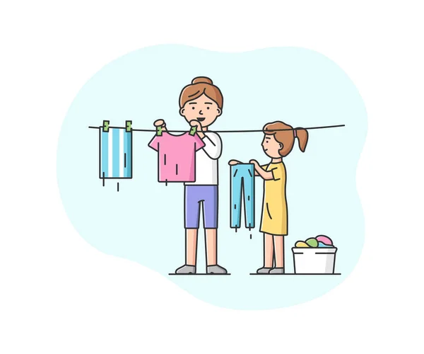 Conceito de trabalho doméstico conjunto para pais e familiares. Mãe feliz lavar e pendurar roupas para secar. Filha ajuda a mãe em torno da casa. Desenhos animados Linear Outline Flat Style. Ilustração vetorial —  Vetores de Stock