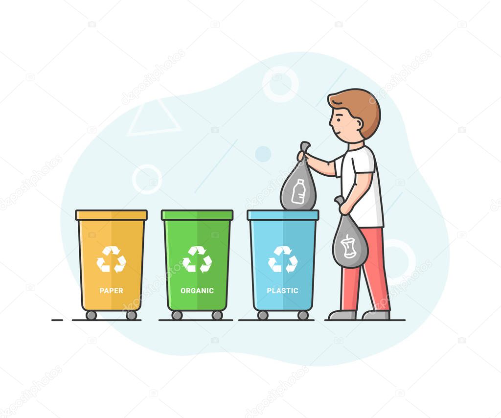 Concept Of Zero Waste, Recycling Technology And Save Planet. Man Is Sorting Waste And Put It Into Appropriate Container For Further Recycling. Cartoon Linear Outline Flat Style. Vector Illustration