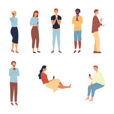 Modern Toplum Konsepti. Gadget 'ı olan kadın ve erkekler takımı. Akıllı telefonları, eğlence için tabletleri ve internetten bilgi toplamaya yarayan karakterler. Çizgi film Düz Stili. Vektör İllüstrasyonu