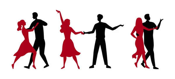 Conceito Escola de Dança ou Competições. Silhuetas de pessoas que gostam de passar tempo juntas. Homens e mulheres se divertem dançando tango em pares juntos. Desenhos animados em estilo plano. Ilustração vetorial —  Vetores de Stock