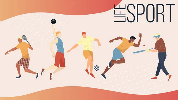 Active Kinds of Sports Concept. Skupina lidí provádějících sportovní aktivity venku. Muži a ženy hrát basketbal fotbal, golf, tenis, baseball a běh Sprint. Cartoon Flat Vector Illustration — Stockový vektor