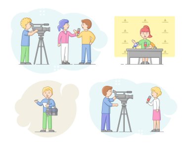 Röportaj ve röportaj kavramı. Gazeteciler İnsanlarla, Haber Sunucuları ve Kameramanlarla ya da Kameralı Videograflarla Görüşüyor. Sorgucu röportaj verir. Doğrusal Ana Hattı Düz Vektör İllüstrasyonu