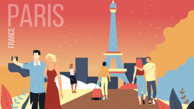 Paris 'e Seyahat kavramı, Fransa' nın en önemli şehirlerinden biri. Erkekler ve kadınlar kitap turları, Eiffel 'in manzarasının tadını çıkarın, selfie çekin, birlikte iyi vakit geçirin. Çizgi film Düz Stili. Vektör İllüstrasyonu