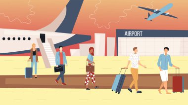 Hava Kuvvetleri Konsepti. İnsanlar uçaktan çıkıp havaalanı terminaline gidiyor. Bir grup iş adamı ve bavullu turistler. 