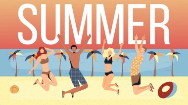 Yaz Tatili Konsepti. Okyanus manzarası olan bir grup insan plajda birlikte zıplıyor. Erkek ve kadın karakterler tatillerde birlikte iyi vakit geçiriyorlar. Çizgi film Düz Stili. Vektör İllüstrasyonu