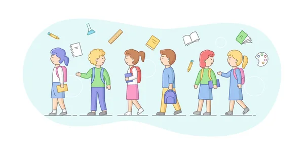 Concept Of Back To School. Group Of School Children Or Students Standing In A Row. Smiling Teens Boys and Girls With Backpacks, Books And School Items. Cartoon Linear Outline Flat Vector Illustration — Stock Vector