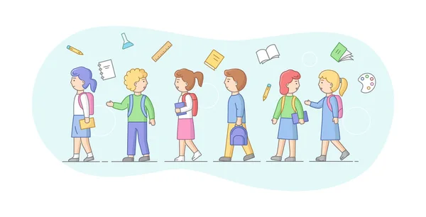 Concept van terug naar school. Groep schoolkinderen of leerlingen die in een rij staan. Lachende tieners Jongens en meisjes met rugzakken, boeken en schoolspullen. Cartoon Linear Outline Flat Vector Illustratie — Stockvector