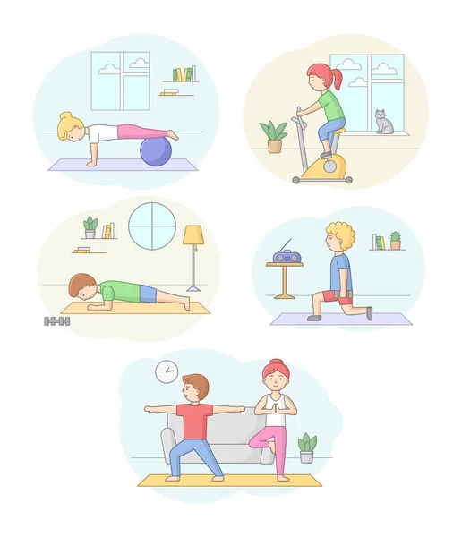 건강에 대한 개념, 건강 관리 그리고 활동적 인 스포츠. ( 영어 ) Set Of Characters Exercising In Gym or At Home With Dumbbells and Sport Equipment. 사람들은 아침 운동을 한다. 반사기 예를 보여 주는 선형 해설 — 스톡 벡터