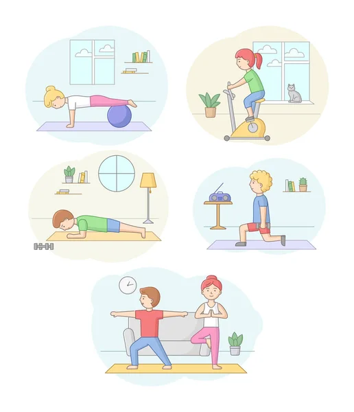 Fitness koncept, hälsovård och aktiv idrott. Set med tecken som tränar i gym eller hemma med hantlar och sportutrustning. Folk gör morgonövningar. Linjär kontur Platt vektor Illustration — Stock vektor