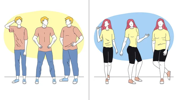 Män och kvinnor står i olika poser. Manliga och kvinnliga karaktärer stående i rad tillsammans visar olika gester. Affärsmännens lag. Tecknad linjär kontur Platt vektor Illustration — Stock vektor