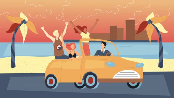 Conceito de férias de verão. Amigos felizes viajando de carro em férias de verão. As pessoas gostam de dirigir Cabriolet. Personagens masculinos e femininos viajam juntos. Desenhos animados em estilo plano. Ilustração vetorial —  Vetores de Stock