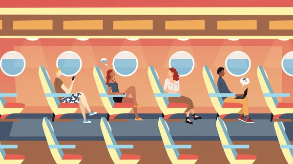 Passagers International Flights Concept. Personnages masculins et féminins assis dans l'avion et volant en vacances. Intérieur moderne de conseil d'avion avec des personnes. Cartoon style plat. Illustration vectorielle — Image vectorielle