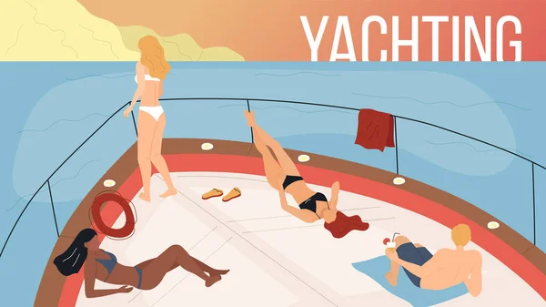 Concepto de vacaciones en yate, viajes por mar y amistad. Gente feliz haciendo una fiesta en yate ferry barco, el hombre y las mujeres beben alcohol, tomar el sol en el sol. Dibujos animados estilo plano. Ilustración vectorial — Archivo Imágenes Vectoriales